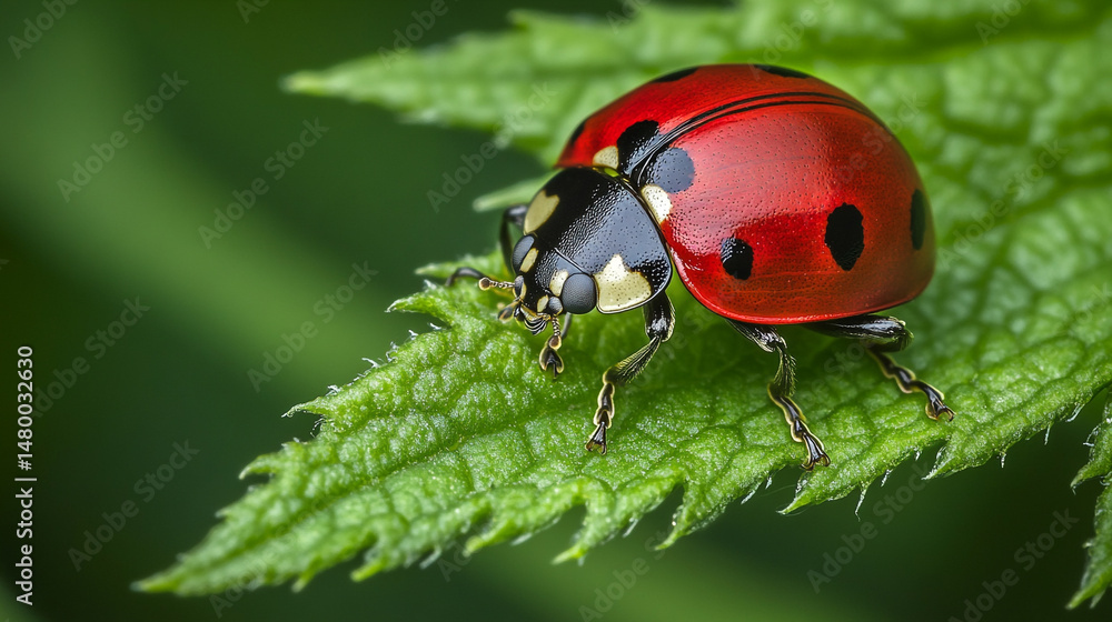 Fototapeta premium Ladybug crawling on a green leaf tip, small nature focus,