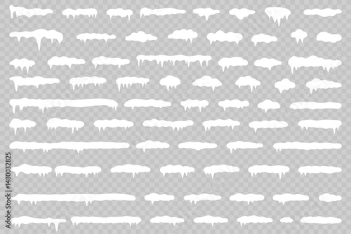 White snowdrift caps hang on transparent background borders. Cartoon snow frames decorate winter banners and cards. Flat snowy elements enhance festive holiday illustrations. Snowflakes fall