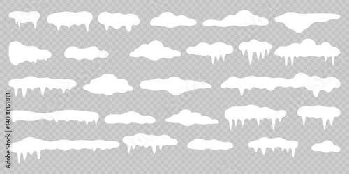 White snowdrift caps hang on transparent background borders. Cartoon snow frames decorate winter banners and cards. Flat snowy elements enhance festive holiday illustrations. Snowflakes fall