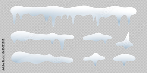 White snowdrift caps hang on transparent background borders. Cartoon snow frames decorate winter banners and cards. Flat snowy elements enhance festive holiday illustrations. Snowflakes fall