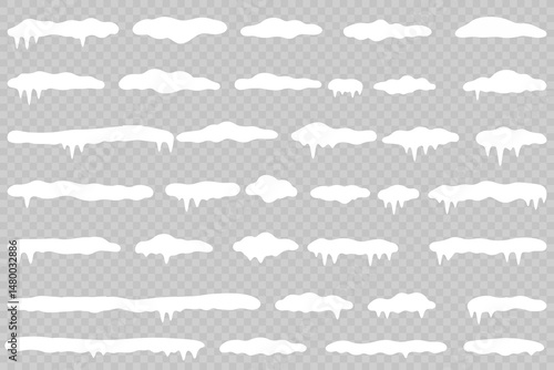 White snowdrift caps hang on transparent background borders. Cartoon snow frames decorate winter banners and cards. Flat snowy elements enhance festive holiday illustrations. Snowflakes fall