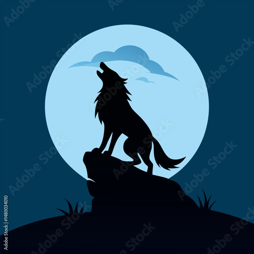 Silhouette of a wolf howling at a blood red moon.