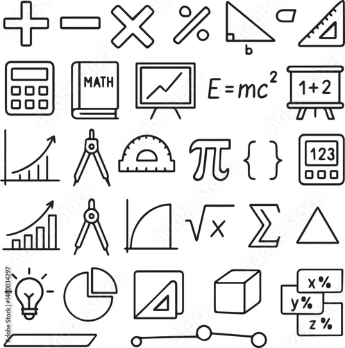 set of mathematics icons. Plus, divide, geometry, symbols, pi, formulas