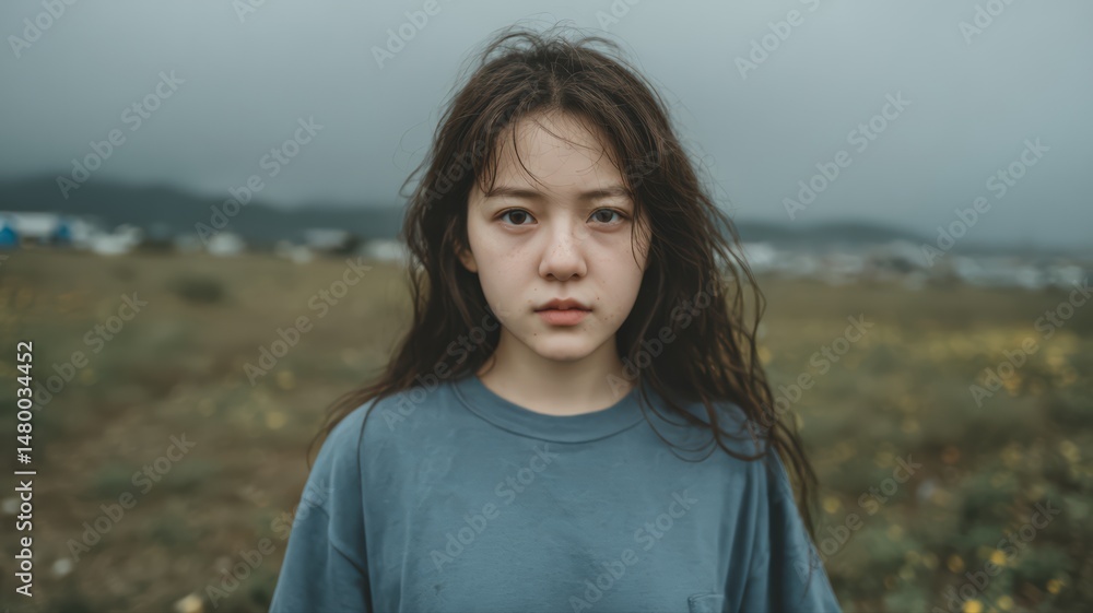 Young woman with wet hair standing in grassy field under cloudy sky expressing deep emotions Young woman with wet hair standing in grassy field under cloudy sky expressing deep emotions