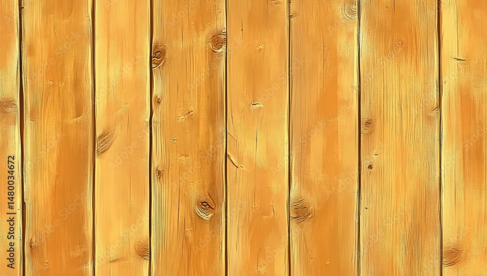 Fototapeta premium Close-up view of vertical wooden planks, light yellowish-orange hue, showcasing wood grain and knots. Natural, textured wooden surface