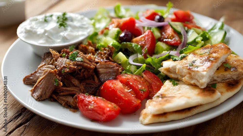 A tempting plate of flavorful greek gyros, served with fresh salad and pita bread. A tempting plate of flavorful greek gyros, served with fresh salad and pita bread.