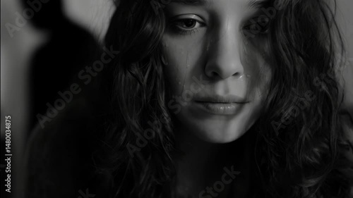 Distressed woman with tears, somber portrait in black and white, with blurred figure in background suggesting sadness and conflict