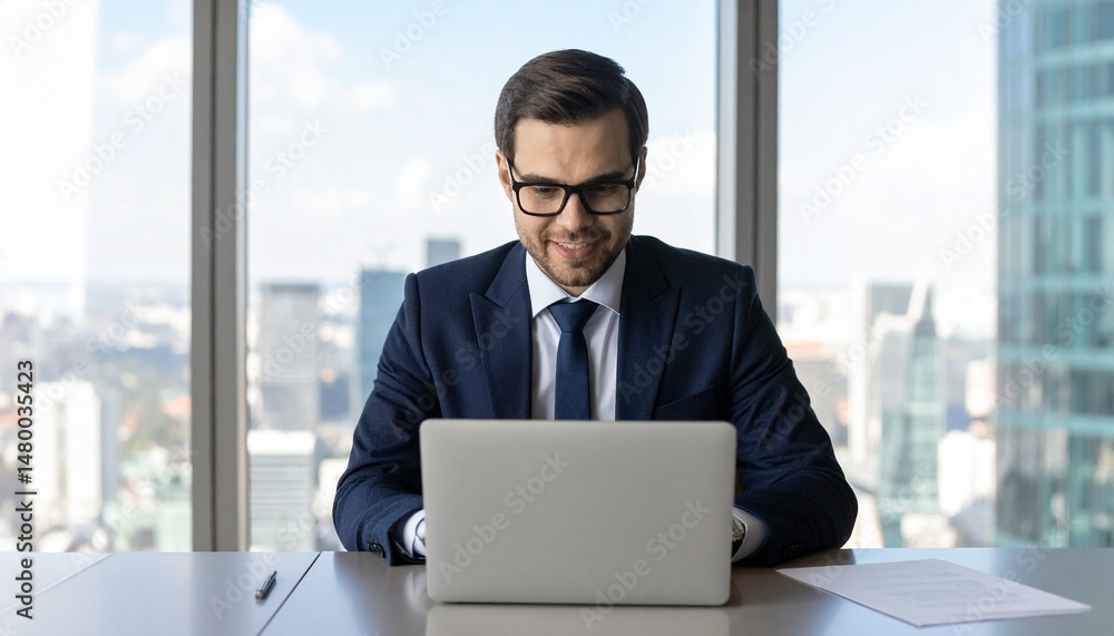 Professional man works on a laptop with a cityscape background Professional man works on a laptop with a cityscape background