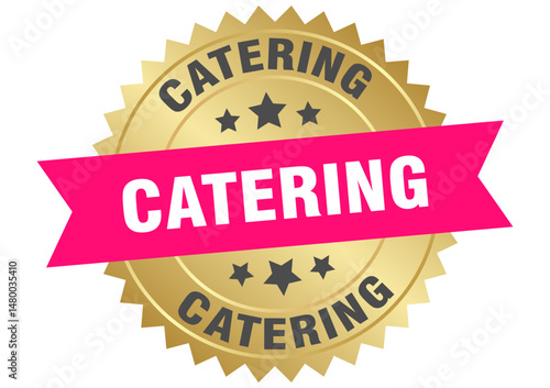 catering. catering round pink and gold label isolated on transparent background