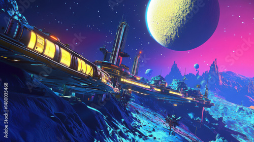 Fototapeta Naklejka Na Ścianę i Meble -  A futuristic space station orbiting a distant planet, glowing lights and sleek metallic structures.