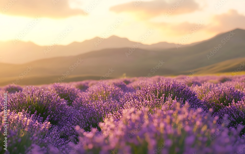 Fototapeta premium Endless lavender field glows softly beneath setting sun, with distant rolling hills adding depth