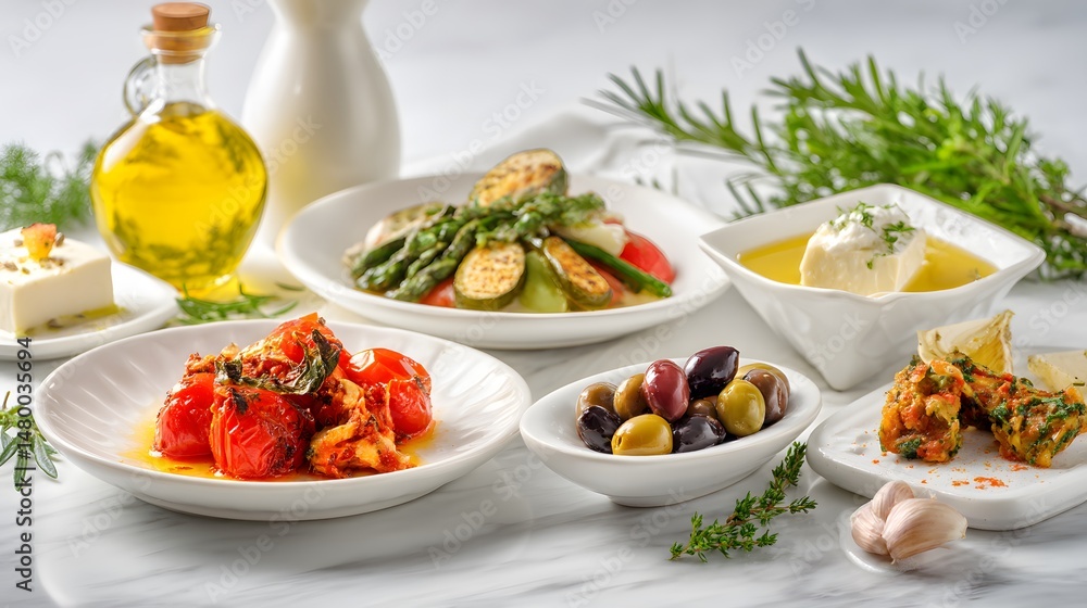 A delicious display of Mediterranean dishes, perfect for a light lunch or a healthy dinner. A delicious display of Mediterranean dishes, perfect for a light lunch or a healthy dinner.