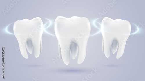 3D realistic vector healthy glowing tooth. Dental care, protection and whitening. Dental care, taking care of teeth. Dental servises.