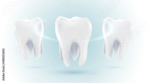 3D realistic vector healthy glowing tooth. Dental care, protection and whitening. Dental care, taking care of teeth. Dental servises.