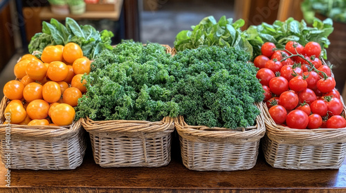 Wallpaper Mural Organic farm produce displayed in wicker baskets, including tomatoes, carrots, kale, and fresh herbs Torontodigital.ca