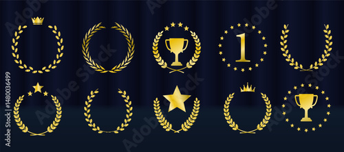 Gold, silver, bronze award emblems shine with royal crowns. Round podium icons highlight success, achievement, and recognition. Laurel wreath frames elegant nominee reward symbols. Golden award badge 