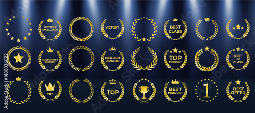 Set includes best price, choice, and seller designs. Vector icons ideal for cinema festivals and events. Award logo suits branding, marketing, or recognition labels. Premium gold foliage crown symbol