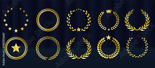 Elegant award emblem set features gold laurel wreath badges. Vector collection includes ribbons, stars, crowns for winners. Luxury nomination graphics suit best player recognitions. Certified prize