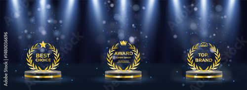 Gold laurel wreath encircles elegant award winner emblem. Luxury nomination badge shines on dark victory background. Vector golden medal displays crown, stars, and ribbons. Championship podium glows