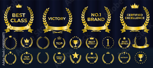 Gold laurel wreath encircles elegant award winner emblem. Luxury nomination badge shines on dark victory background. Vector golden medal displays crown, stars, and ribbons. Championship podium glows