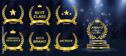 Elegant award emblem set features gold laurel wreath badges. Vector collection includes ribbons, stars, crowns for winners. Luxury nomination graphics suit best player recognitions. Certified prize