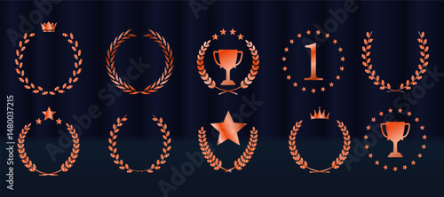Gold laurel wreath encircles elegant award winner emblem. Luxury nomination badge shines on dark victory background. Vector golden medal displays crown, stars, and ribbons. Championship podium glows