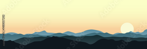 Mountains landscape with sunset. Vector illustration. Layered trees background. Vector illustration. Outdoor and hiking concept.