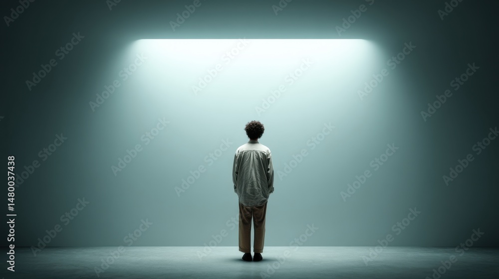 Obraz premium Man Standing in a Corner Under a Bright Light in a Minimalist Space During a Contemplative Moment of Reflection