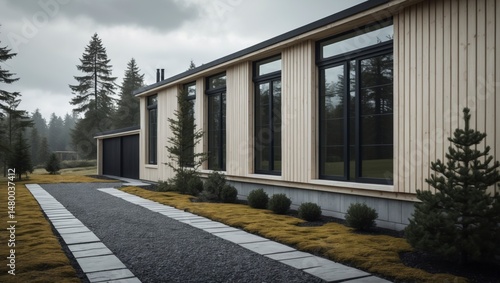 Elegant scandinavian modern house featuring clean lines and minimalist design set against a serene suburban backdrop with lush greenery and inviting outdoor spaces