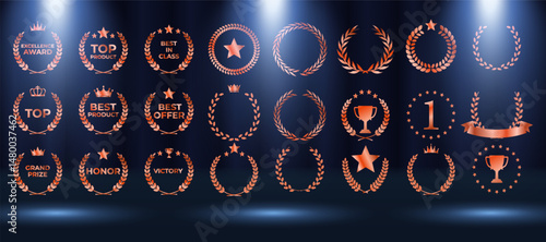 Gold laurel wreath encircles elegant award winner emblem. Luxury nomination badge shines on dark victory background. Vector golden medal displays crown, stars, and ribbons. Championship podium glows