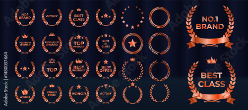 Gold laurel wreath encircles elegant award winner emblem. Luxury nomination badge shines on dark victory background. Vector golden medal displays crown, stars, and ribbons. Championship podium glows