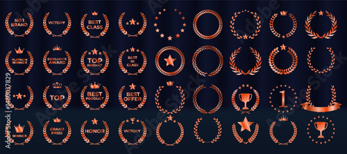 Elegant award emblem set features gold laurel wreath badges. Vector collection includes ribbons, stars, crowns for winners. Luxury nomination graphics suit best player recognitions. Certified prize