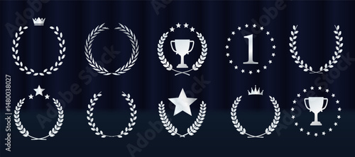 Elegant award emblem set features gold laurel wreath badges. Vector collection includes ribbons, stars, crowns for winners. Luxury nomination graphics suit best player recognitions. Certified prize