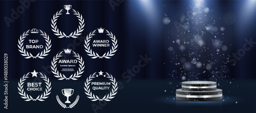 Gold laurel wreath encircles elegant award winner emblem. Luxury nomination badge shines on dark victory background. Vector golden medal displays crown, stars, and ribbons. Championship podium glows