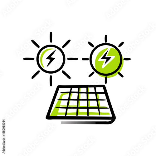 Solar Energy Icon with Solar Panels and Sun on Transparent Background