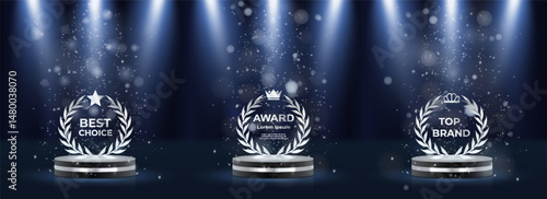 Elegant award emblem set features gold laurel wreath badges. Vector collection includes ribbons, stars, crowns for winners. Luxury nomination graphics suit best player recognitions. Certified prize