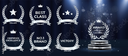 Laurel wreath badge celebrates excellence and top result. Golden leaves wrap in decorative symmetrical formation. Set includes best price, choice, and seller designs. Vector icons set