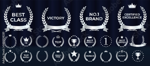 Elegant award emblem set features gold laurel wreath badges. Vector collection includes ribbons, stars, crowns for winners. Luxury nomination graphics suit best player recognitions. Certified prize