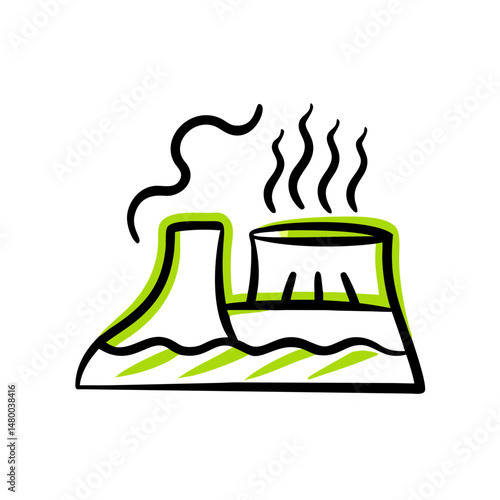 Minimalist illustration of geothermal energy plant with steam  