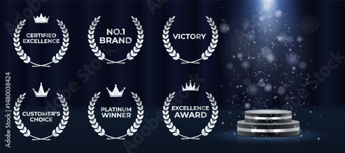 Laurel wreath badge celebrates excellence and top result. Golden leaves wrap in decorative symmetrical formation. Set includes best price, choice, and seller designs. Vector icons set