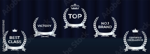 Gold laurel wreath encircles elegant award winner emblem. Luxury nomination badge shines on dark victory background. Vector golden medal displays crown, stars, and ribbons. Championship podium glows