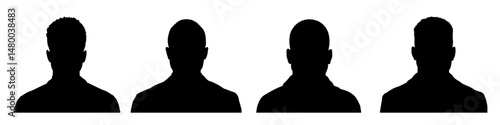 Set of black man face silhouette – front view, vector illustration