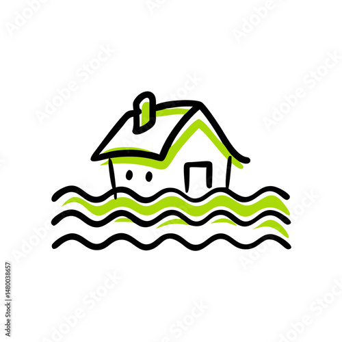 Flooded house illustration with waves in minimalist style  