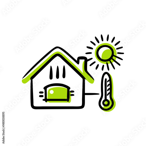 Eco-friendly house illustration with sun and thermometer symbols  