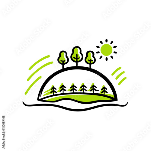 Minimalist eco biosphere design featuring trees and sun  