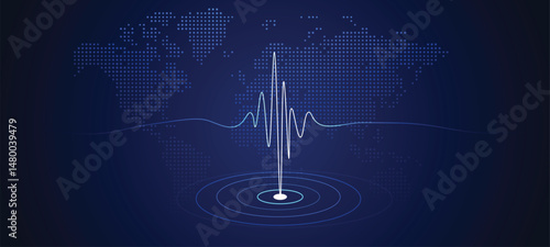 Seismograph earthquake measurement scale glowing with dotted world map vector