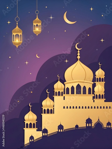 Royal blue and gold Eid al-Adha poster with golden mosque domes, crescent moon, and hanging lanterns for grand event invitations