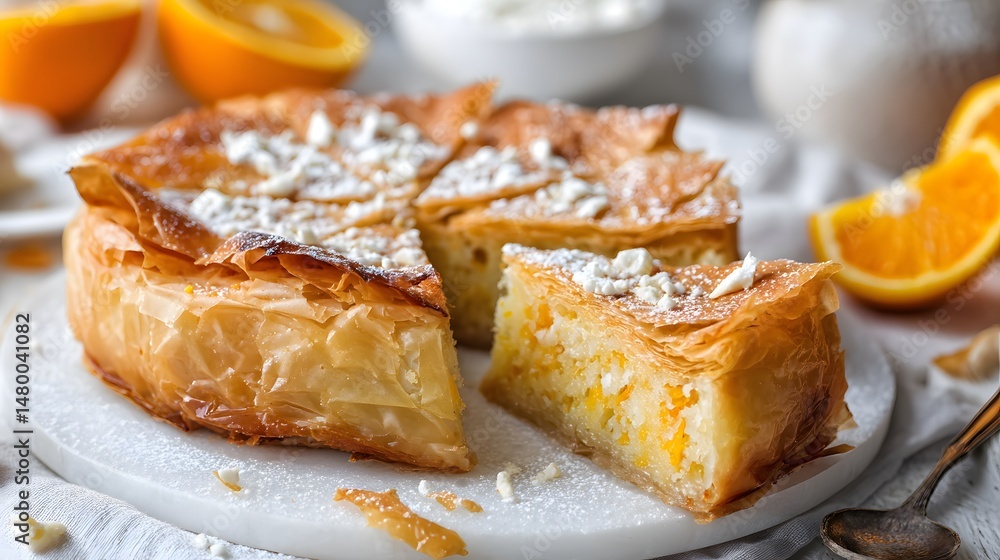 Close-up shot of a beautifully presented orange pie, perfect for any celebration. Close-up shot of a beautifully presented orange pie, perfect for any celebration.