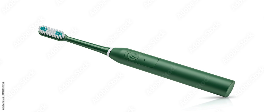 Fototapeta premium Modern green electric toothbrush isolated on a white background suggesting oral hygiene and dental health