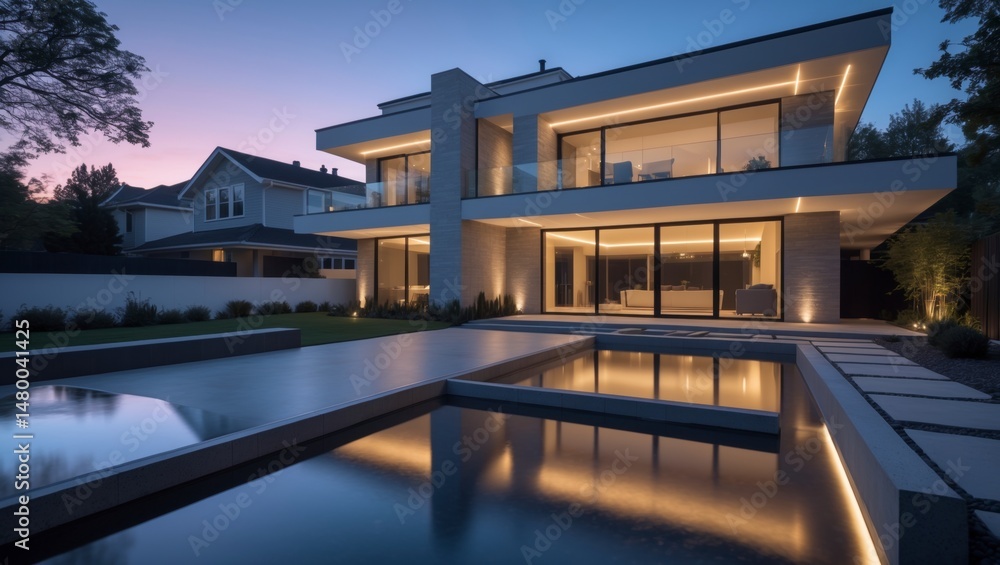 Fototapeta premium Stunning luxury minimalist modern suburban house featuring innovative pitched roof design and bright aesthetic elements set in a peaceful residential area surrounded by nature